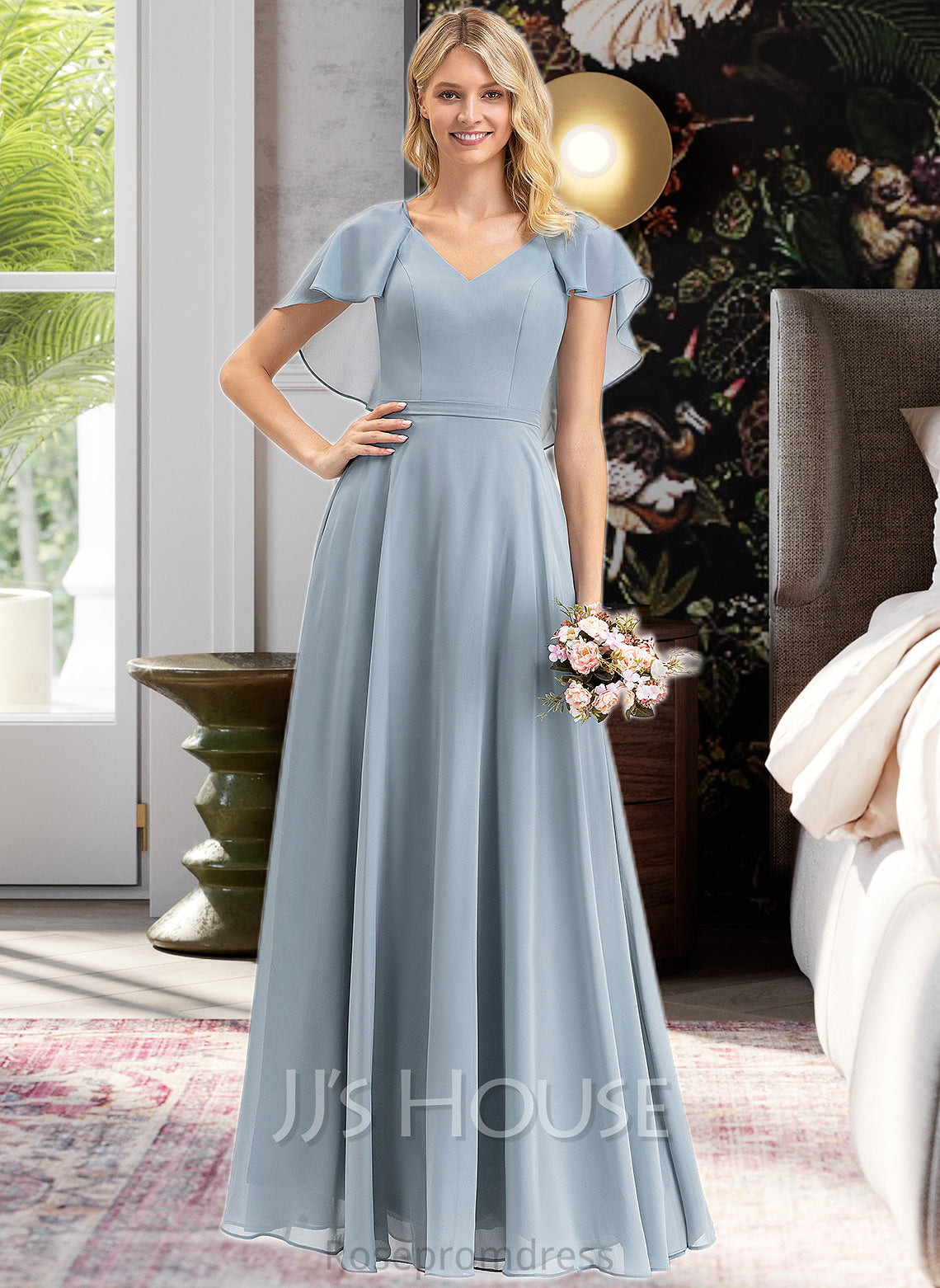 Seraphina A-line V-Neck Floor-Length Chiffon Bridesmaid Dress With Cascading Ruffles SRSP0012962