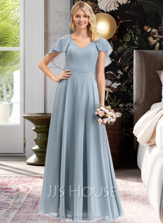 Seraphina A-line V-Neck Floor-Length Chiffon Bridesmaid Dress With Cascading Ruffles SRSP0012962