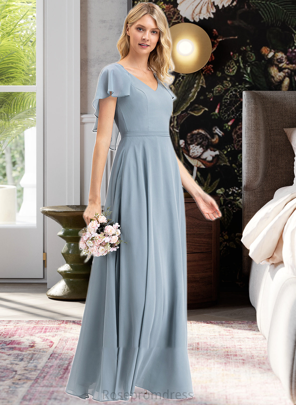 Seraphina A-line V-Neck Floor-Length Chiffon Bridesmaid Dress With Cascading Ruffles SRSP0012962