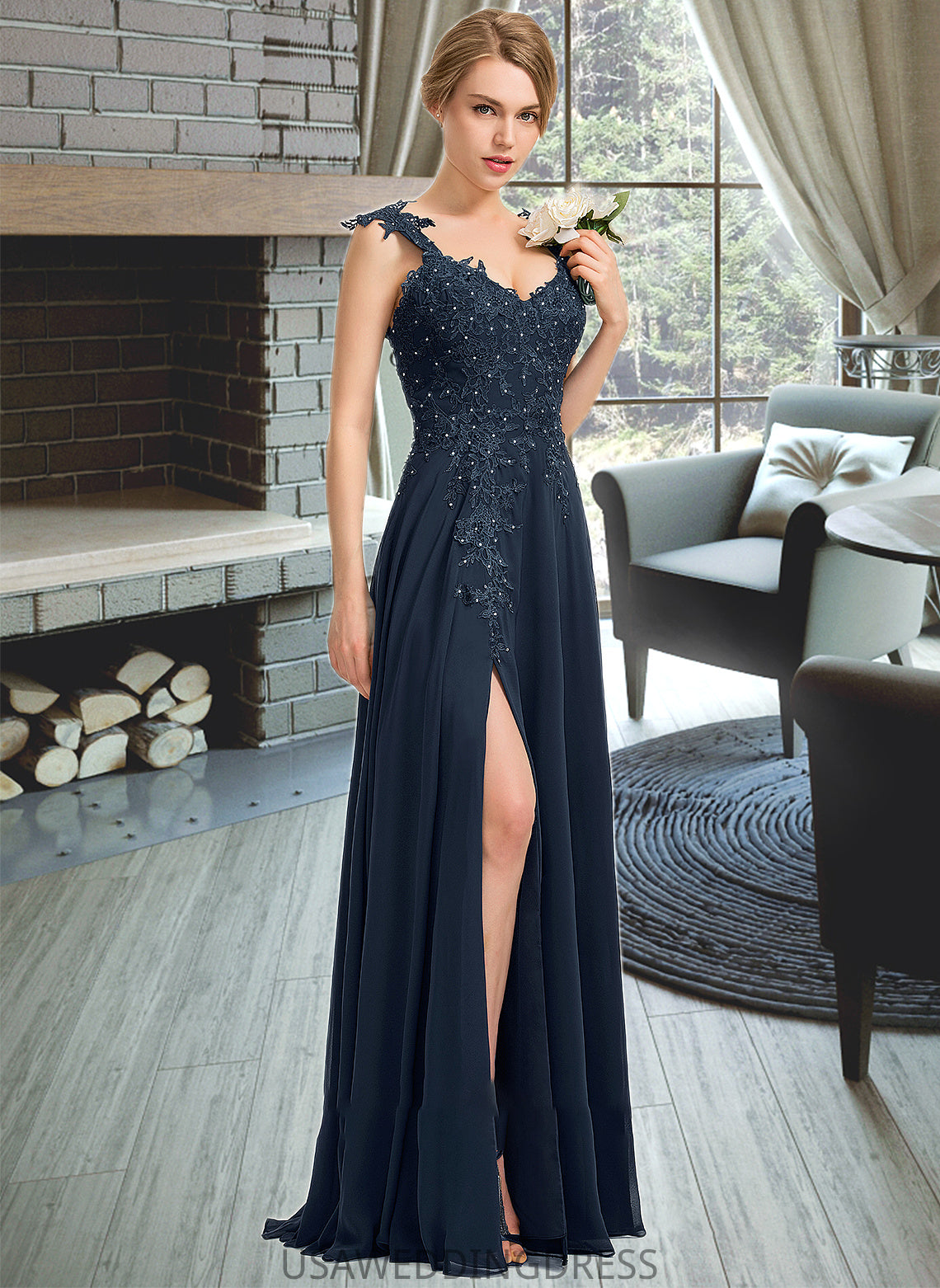 Daniella A-Line Sweetheart Floor-Length Chiffon Lace Bridesmaid Dress With Beading Split Front DSP0012963
