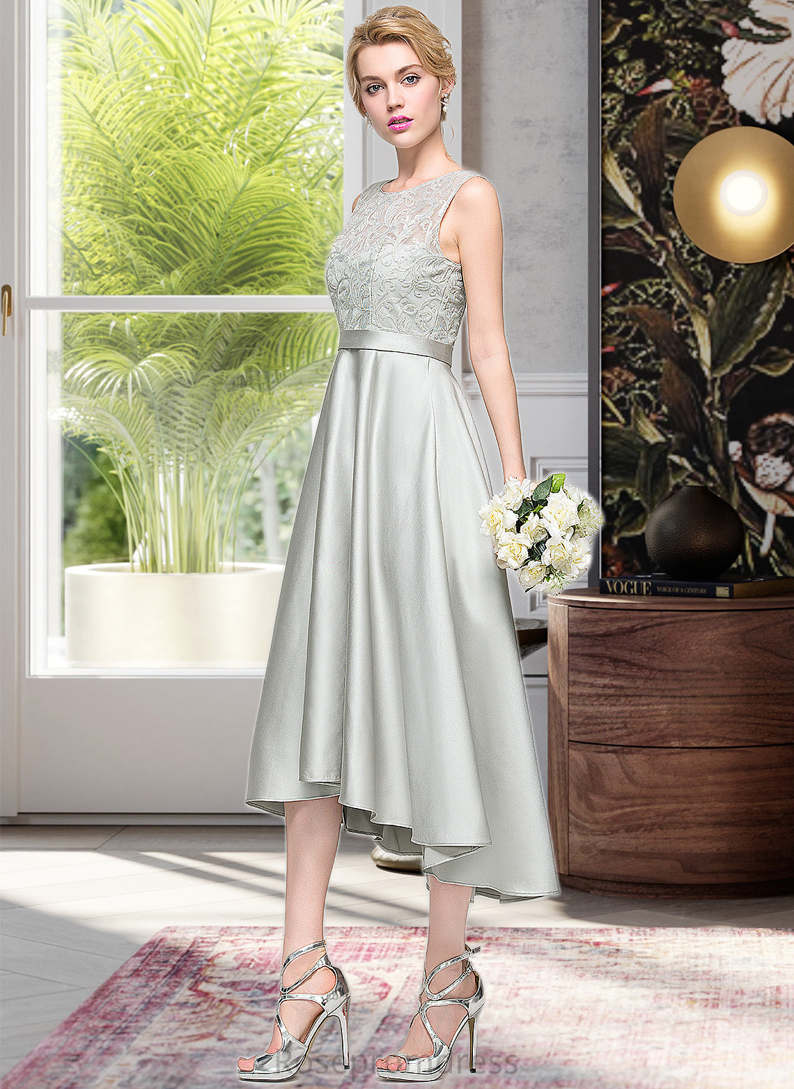 Aubrie A-Line Scoop Neck Asymmetrical Satin Bridesmaid Dress SRSP0012965