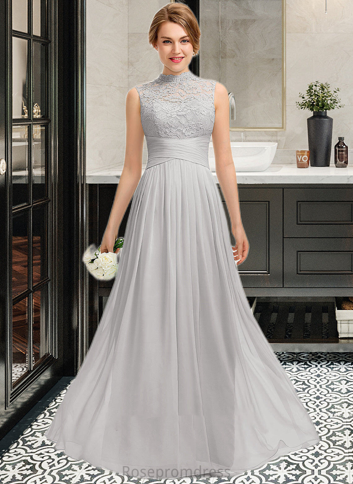 Danika A-line High Neck Floor-Length Chiffon Lace Bridesmaid Dress With Ruffle SRSP0012966