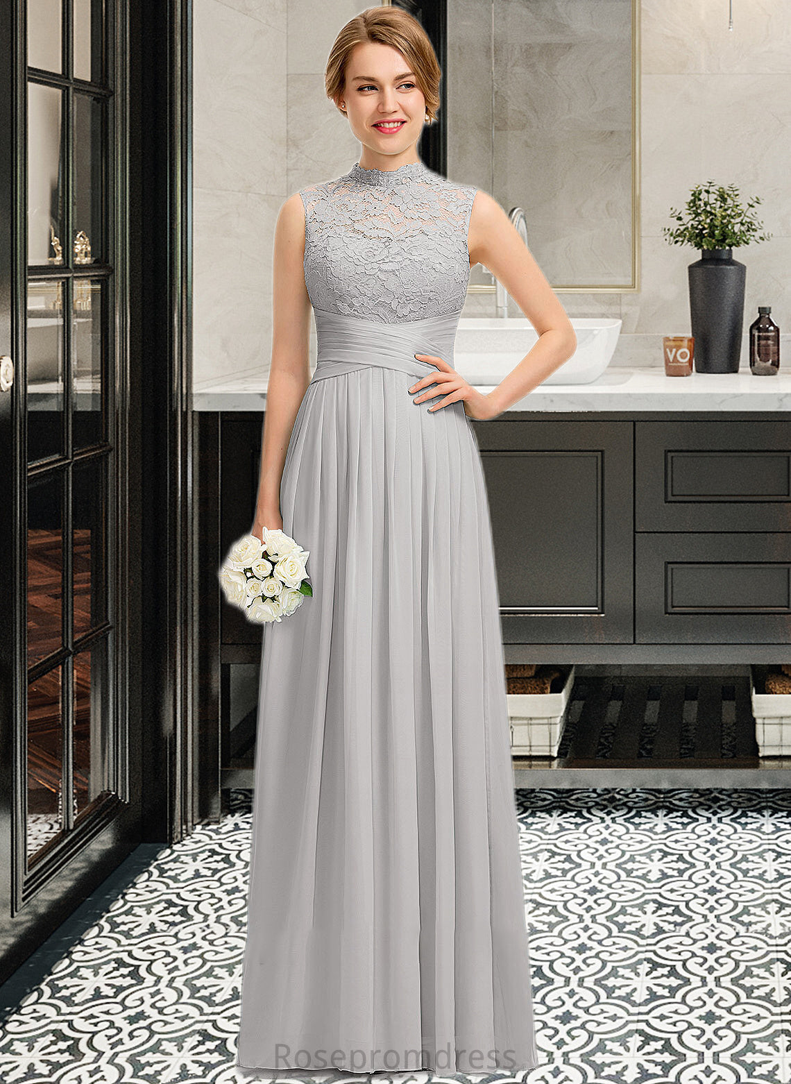 Danika A-line High Neck Floor-Length Chiffon Lace Bridesmaid Dress With Ruffle SRSP0012966