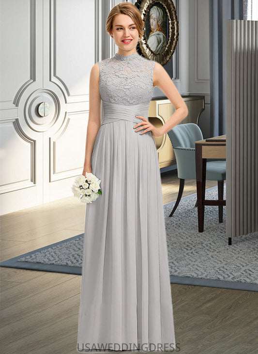 Angie A-line High Neck Floor-Length Chiffon Lace Bridesmaid Dress With Ruffle DSP0012966