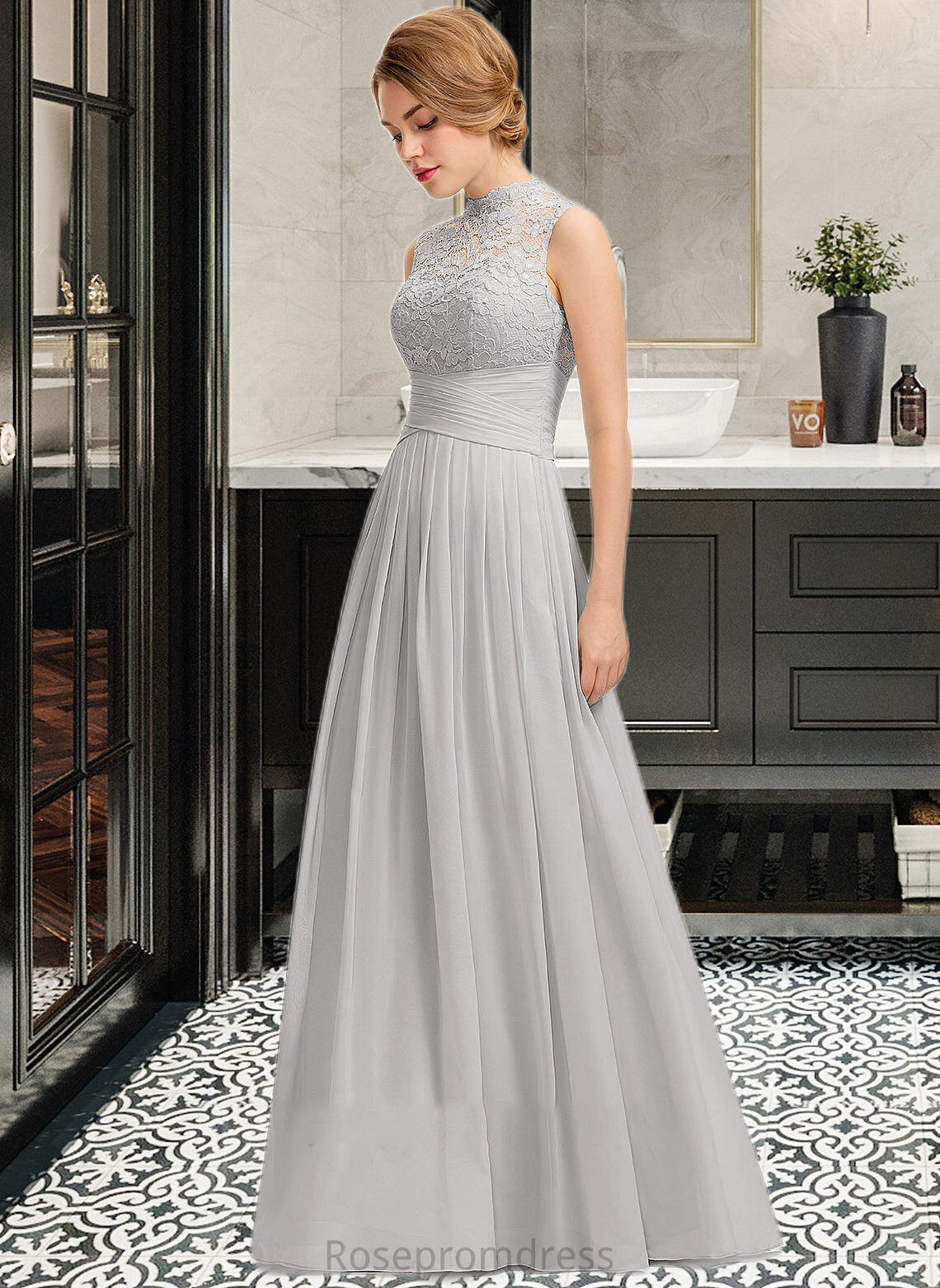 Danika A-line High Neck Floor-Length Chiffon Lace Bridesmaid Dress With Ruffle SRSP0012966