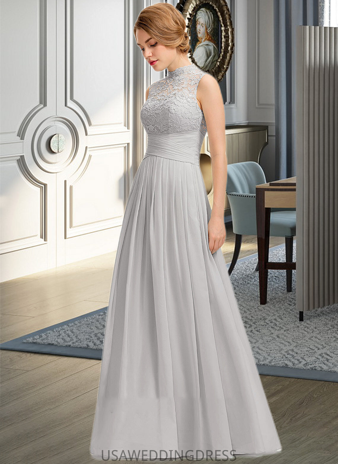 Angie A-line High Neck Floor-Length Chiffon Lace Bridesmaid Dress With Ruffle DSP0012966