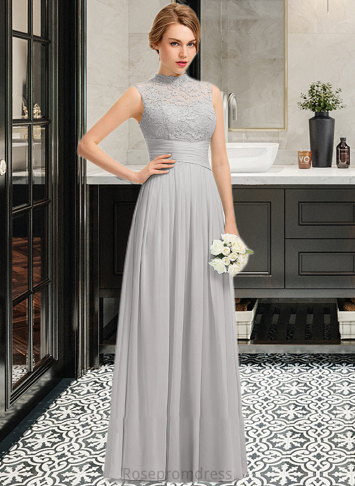 Danika A-line High Neck Floor-Length Chiffon Lace Bridesmaid Dress With Ruffle SRSP0012966