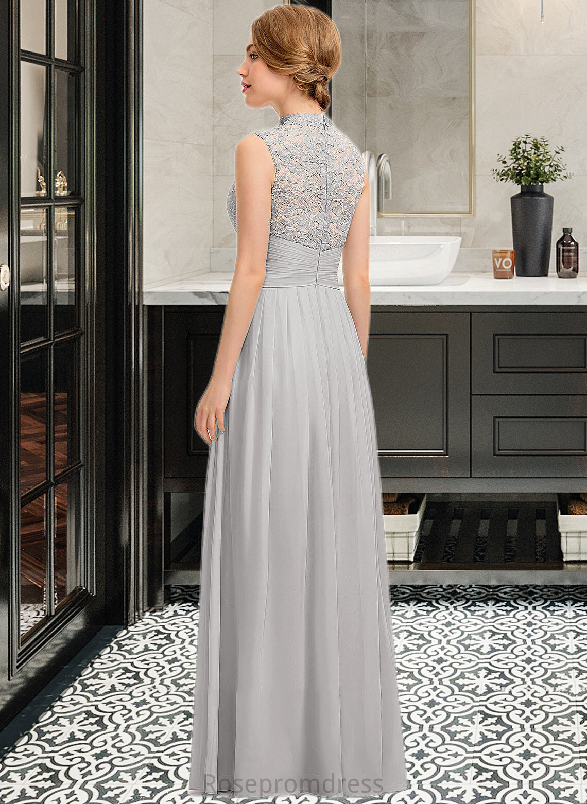 Danika A-line High Neck Floor-Length Chiffon Lace Bridesmaid Dress With Ruffle SRSP0012966