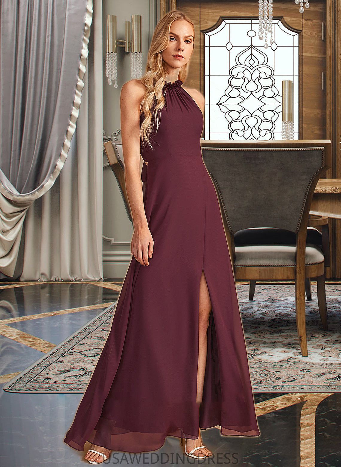 Jacey A-Line High Neck Floor-Length Bridesmaid Dress With Split Front DSP0012968