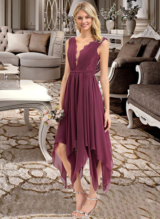Janessa A-line V-Neck Ankle-Length Chiffon Lace Bridesmaid Dress SRSP0012969