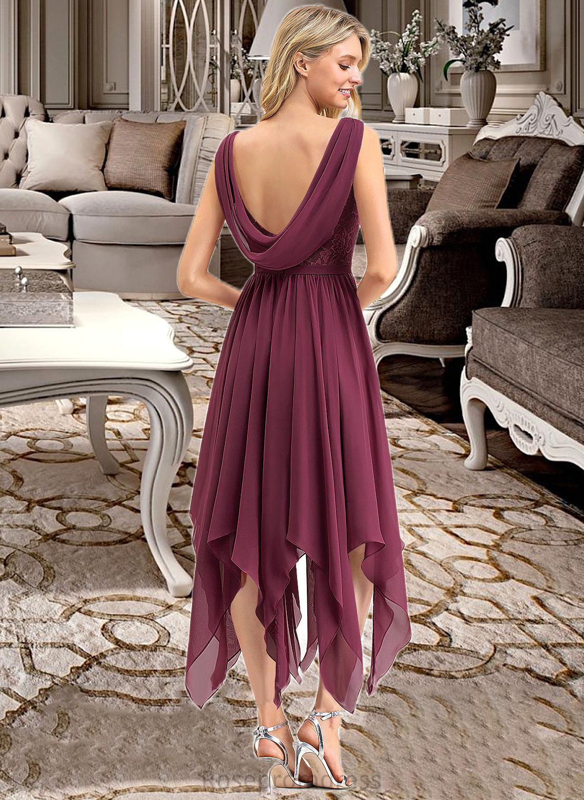 Janessa A-line V-Neck Ankle-Length Chiffon Lace Bridesmaid Dress SRSP0012969