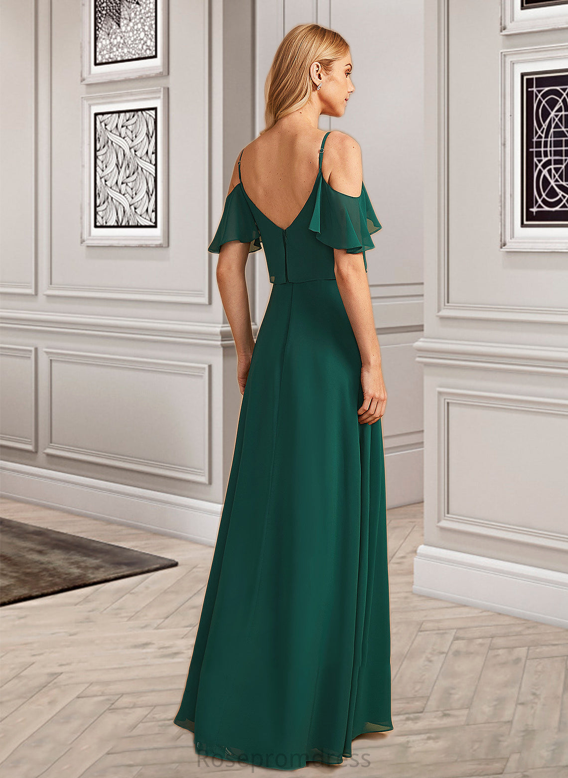 Mckayla A-Line V-neck Floor-Length Bridesmaid Dress With Ruffle SRSP0012970