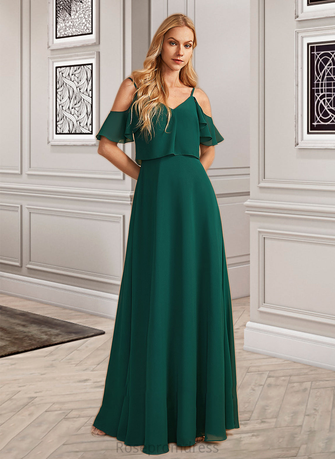 Mckayla A-Line V-neck Floor-Length Bridesmaid Dress With Ruffle SRSP0012970