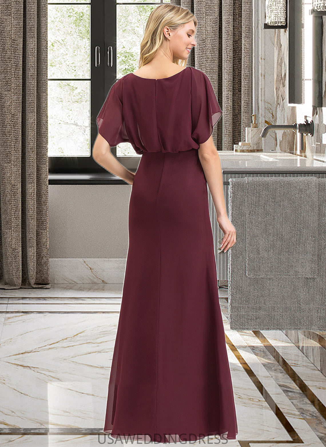 Lia Sheath/Column Scoop Neck Floor-Length Chiffon Bridesmaid Dress With Ruffle Split Front DSP0012972