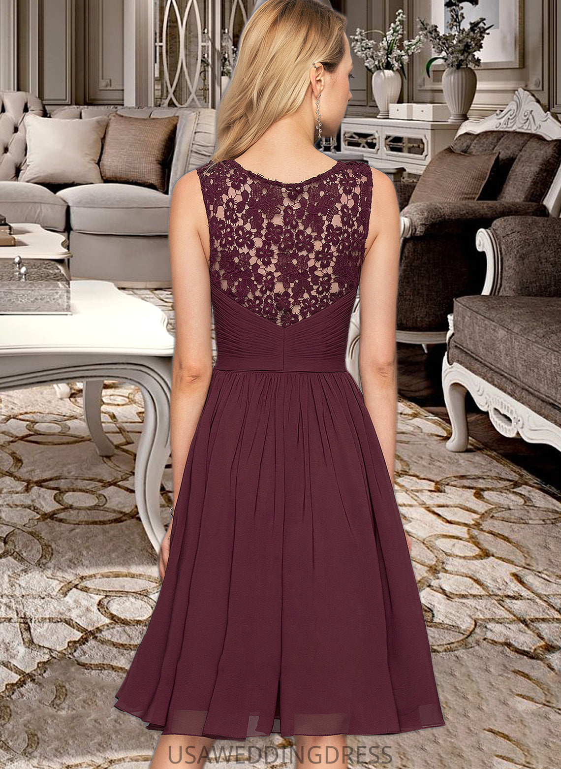 Ashanti A-Line V-neck Knee-Length Chiffon Bridesmaid Dress With Ruffle DSP0012973