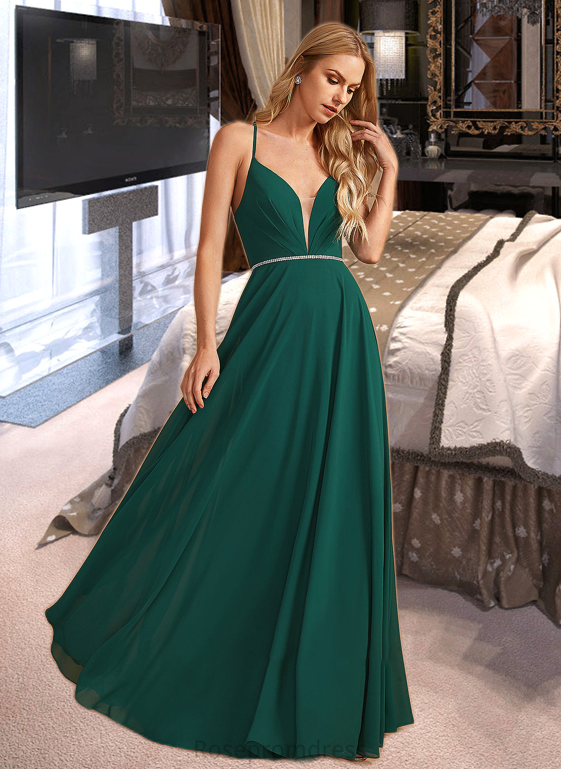 Cailyn A-Line V-neck Floor-Length Bridesmaid Dress With Beading SRSP0012974