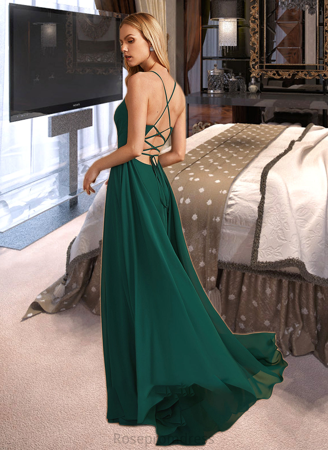 Cailyn A-Line V-neck Floor-Length Bridesmaid Dress With Beading SRSP0012974