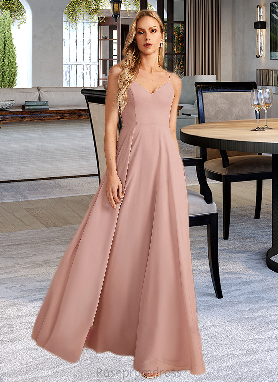 Sienna A-Line V-neck Floor-Length Bridesmaid Dress With Lace SRSP0012975