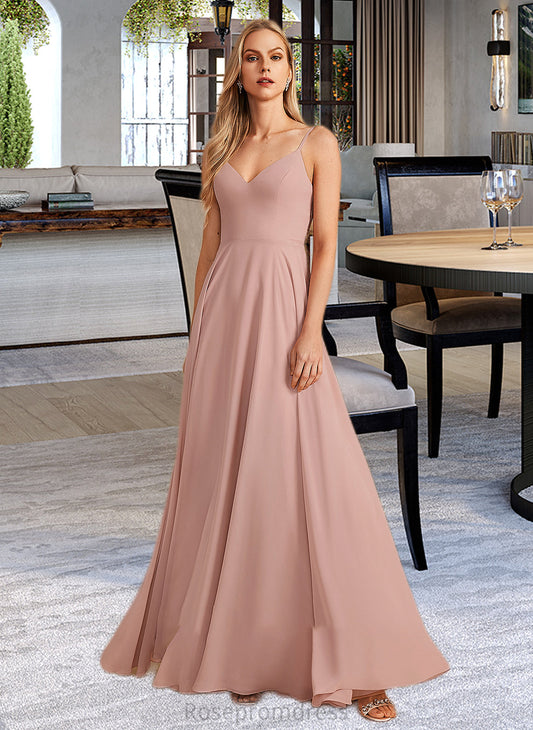 Sienna A-Line V-neck Floor-Length Bridesmaid Dress With Lace SRSP0012975