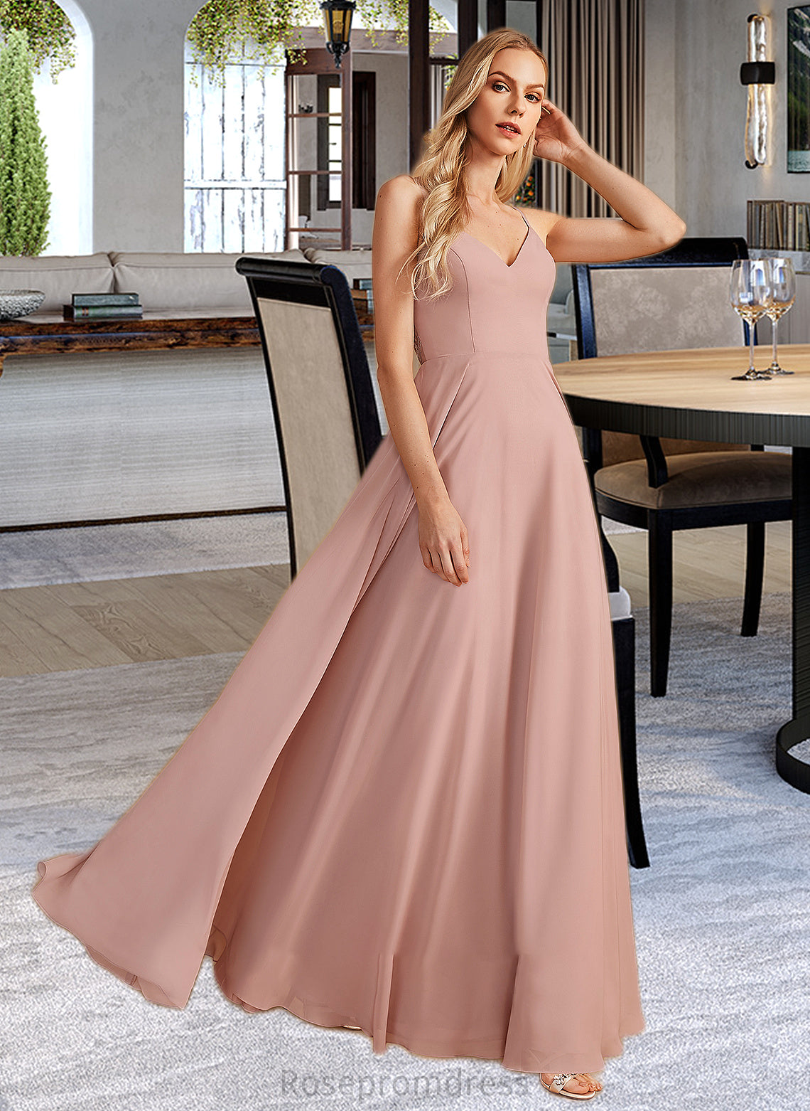 Sienna A-Line V-neck Floor-Length Bridesmaid Dress With Lace SRSP0012975