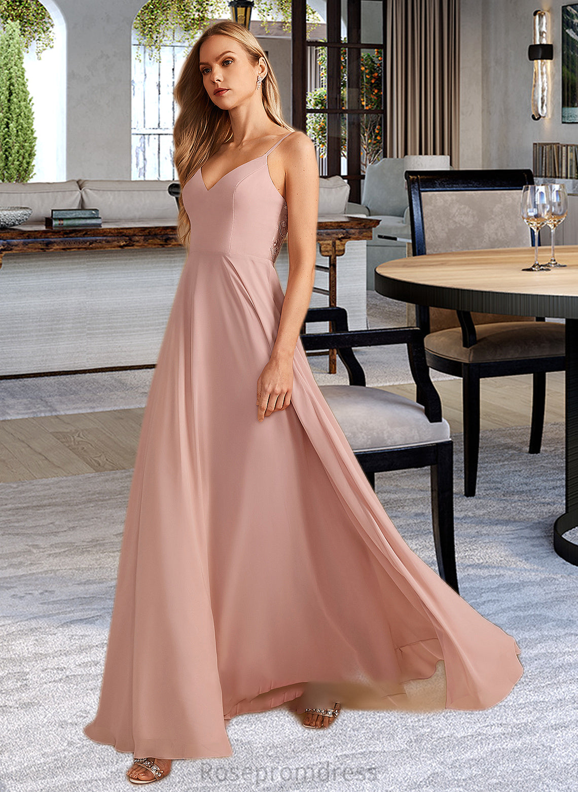 Sienna A-Line V-neck Floor-Length Bridesmaid Dress With Lace SRSP0012975