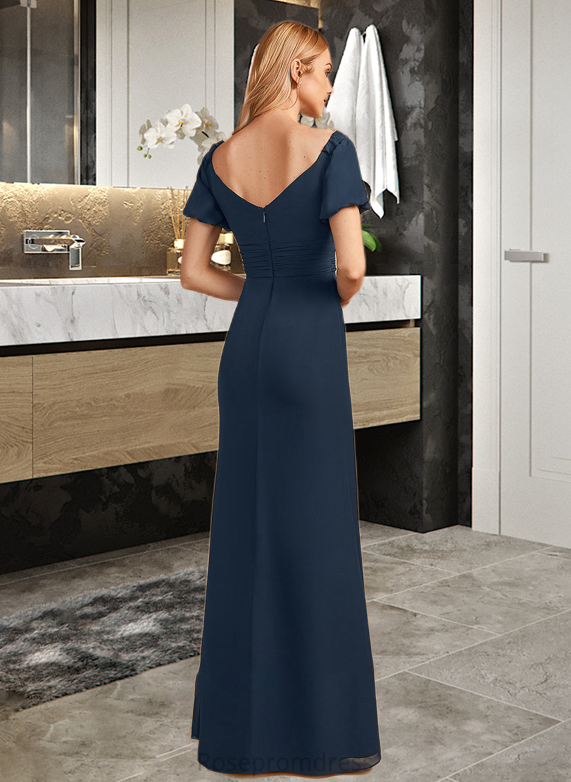 Anastasia Sheath/Column V-neck Floor-Length Bridesmaid Dress With Split Front SRSP0012976