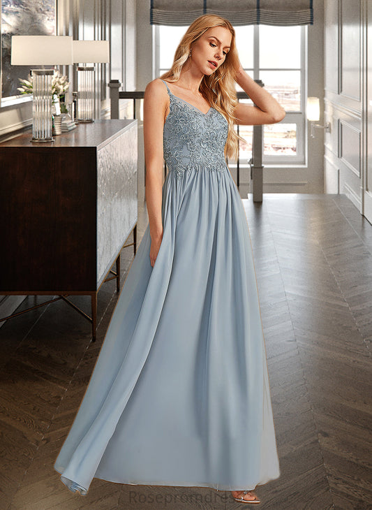 Deanna A-Line V-neck Floor-Length Bridesmaid Dress With Ruffle SRSP0012977