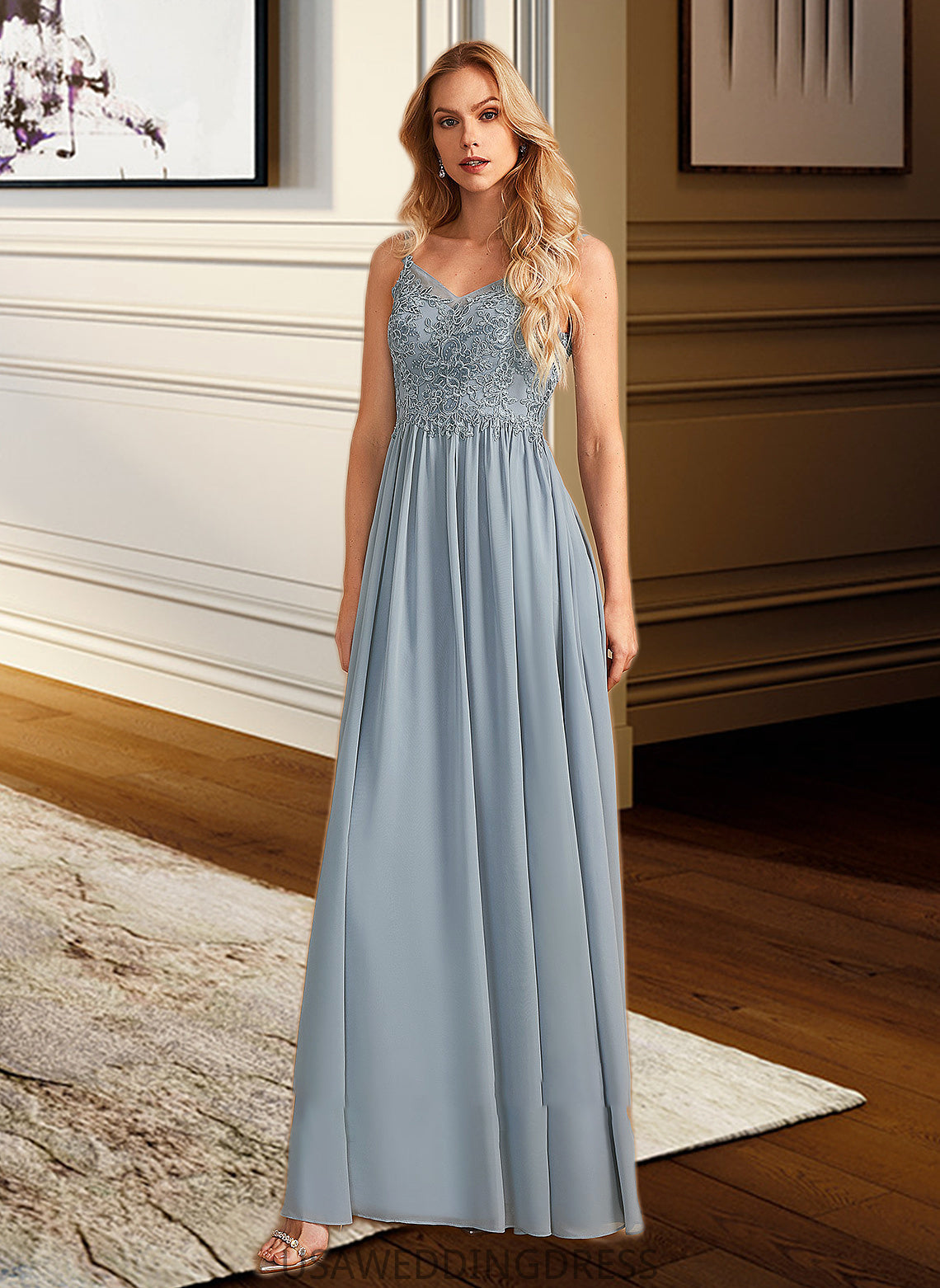 Kaleigh A-Line V-neck Floor-Length Bridesmaid Dress With Ruffle DSP0012977