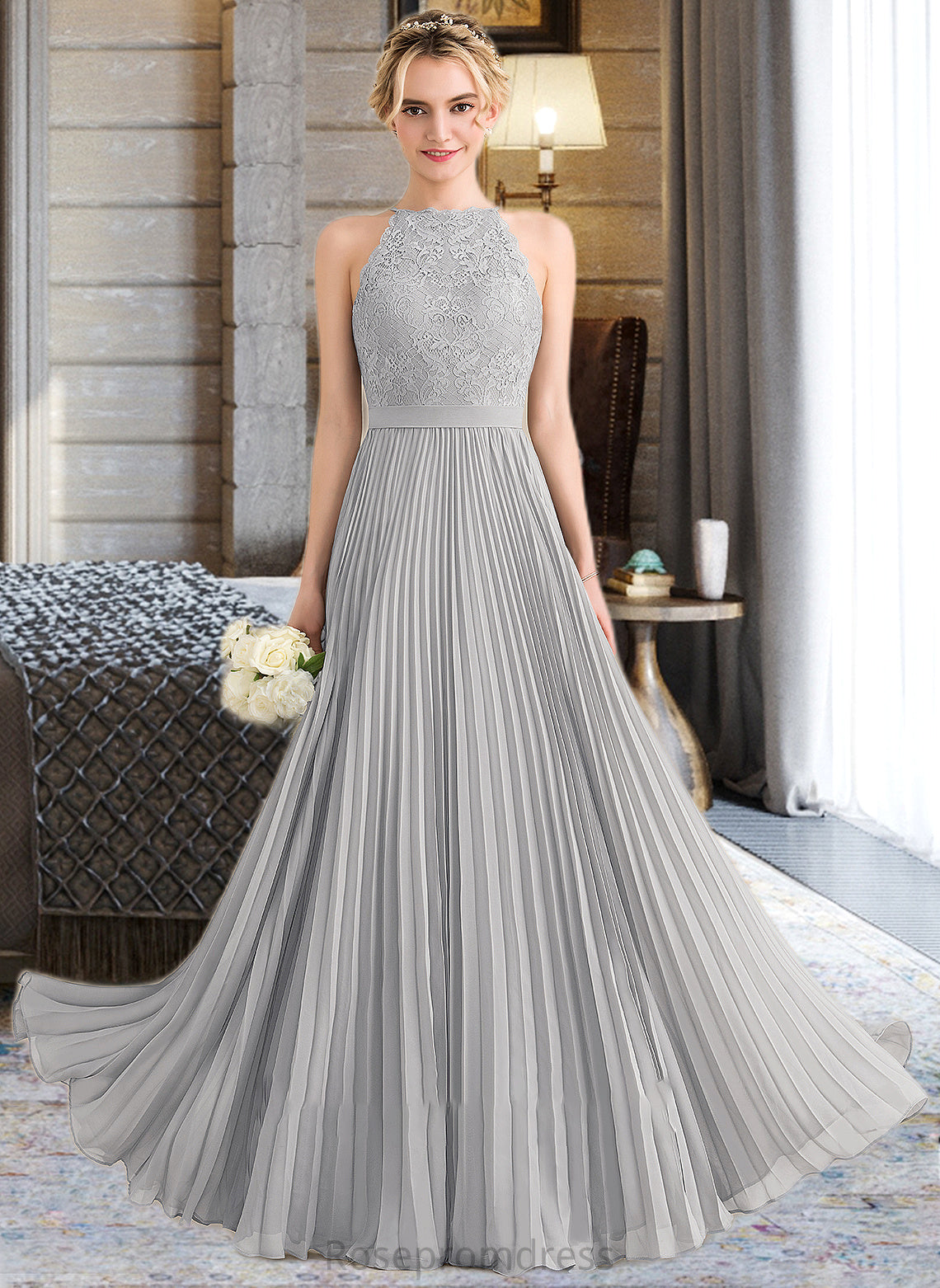 Anabelle A-Line Scoop Neck Floor-Length Chiffon Lace Bridesmaid Dress With Pleated SRSP0012980