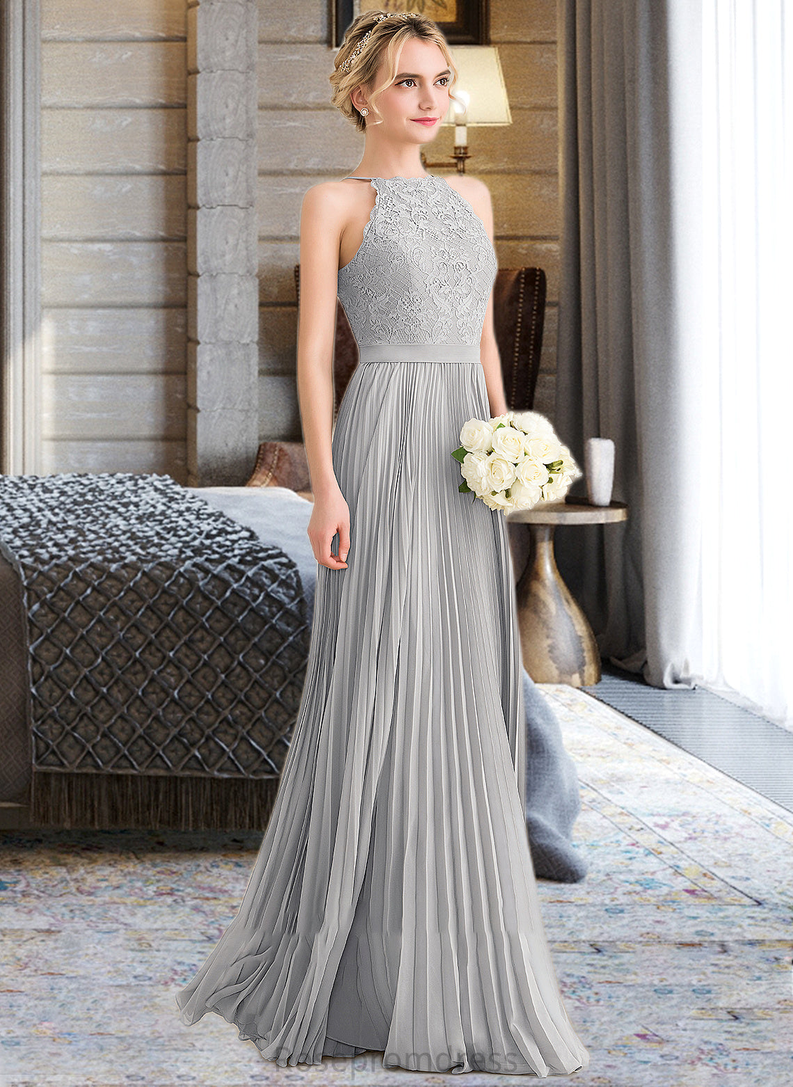 Anabelle A-Line Scoop Neck Floor-Length Chiffon Lace Bridesmaid Dress With Pleated SRSP0012980