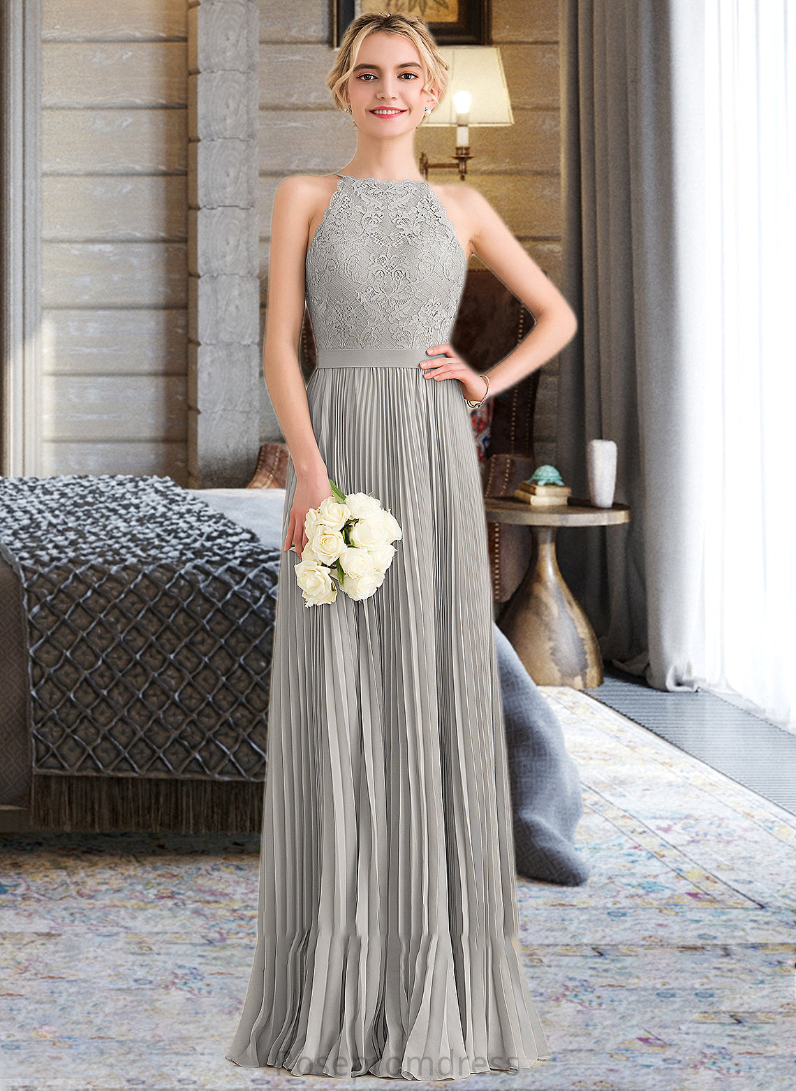 Anabelle A-Line Scoop Neck Floor-Length Chiffon Lace Bridesmaid Dress With Pleated SRSP0012980