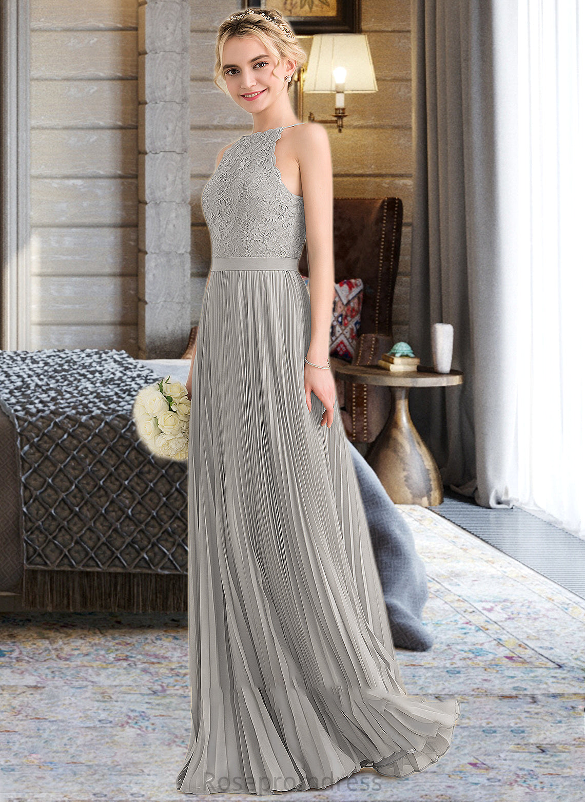 Anabelle A-Line Scoop Neck Floor-Length Chiffon Lace Bridesmaid Dress With Pleated SRSP0012980
