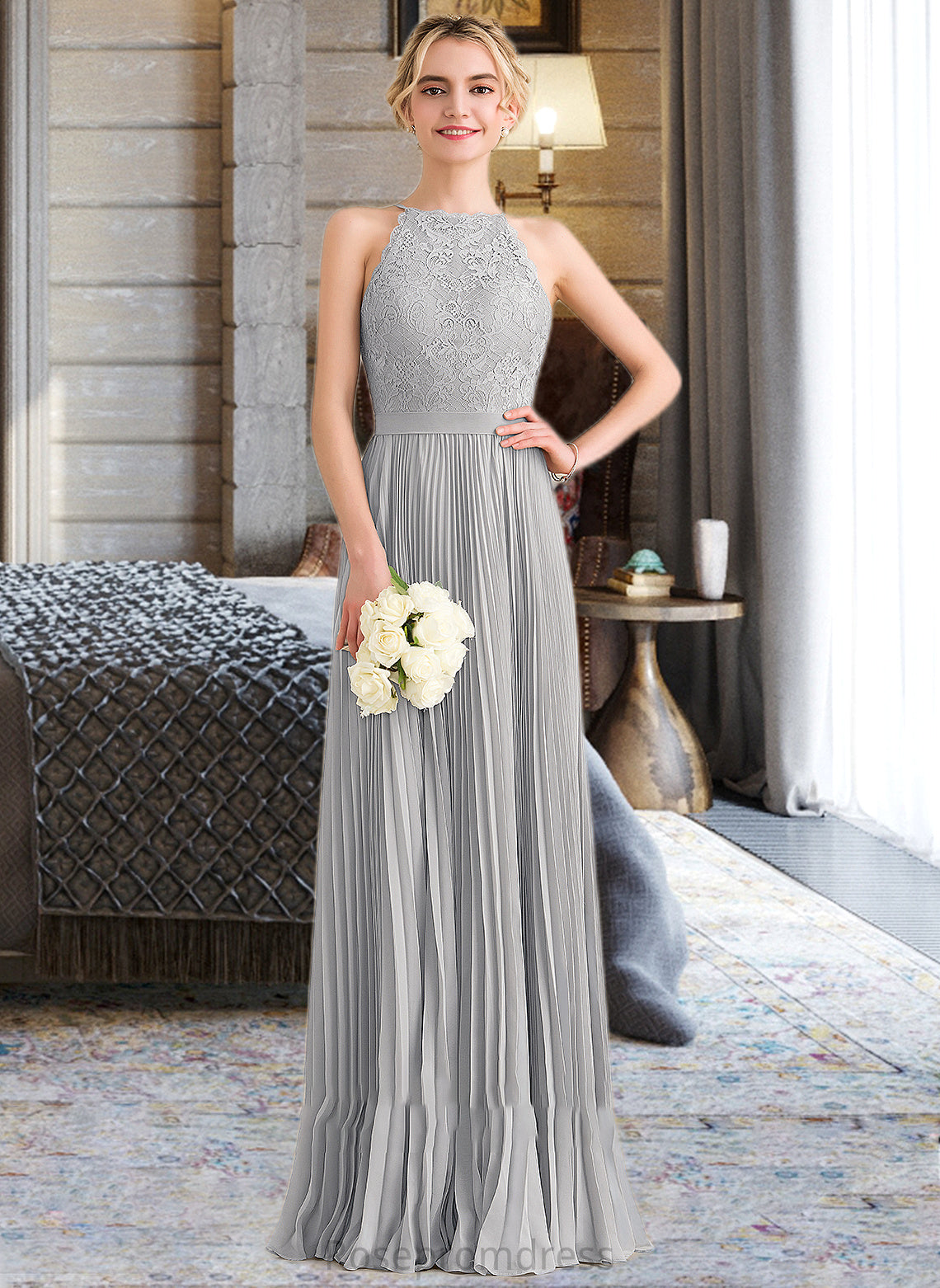 Anabelle A-Line Scoop Neck Floor-Length Chiffon Lace Bridesmaid Dress With Pleated SRSP0012980