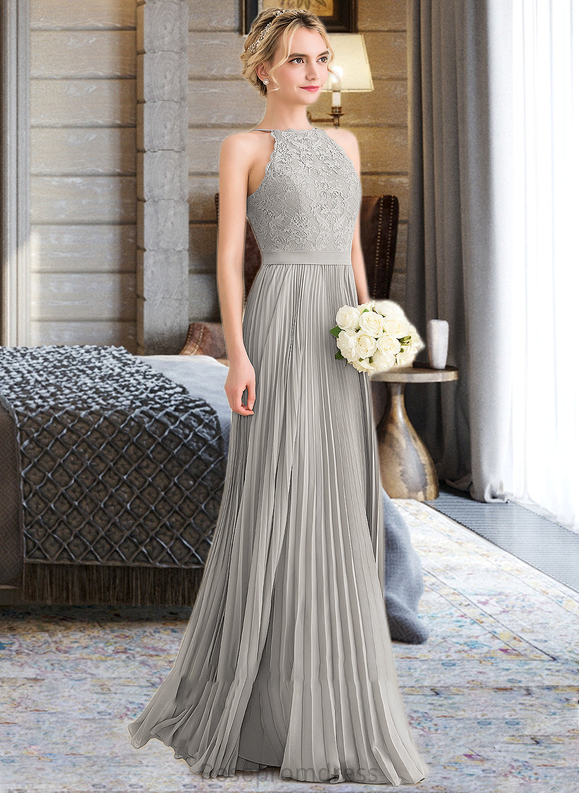 Anabelle A-Line Scoop Neck Floor-Length Chiffon Lace Bridesmaid Dress With Pleated SRSP0012980