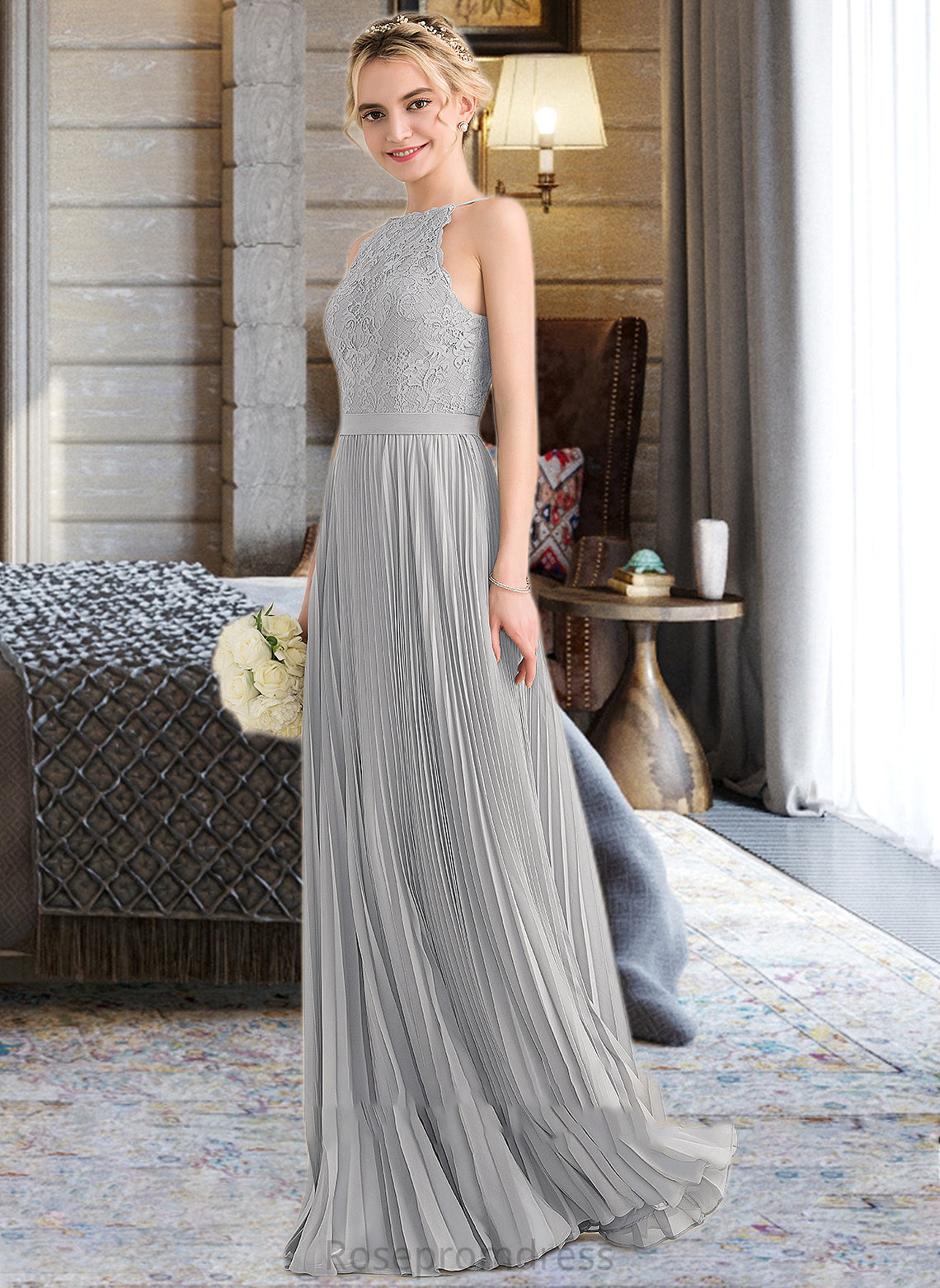 Anabelle A-Line Scoop Neck Floor-Length Chiffon Lace Bridesmaid Dress With Pleated SRSP0012980