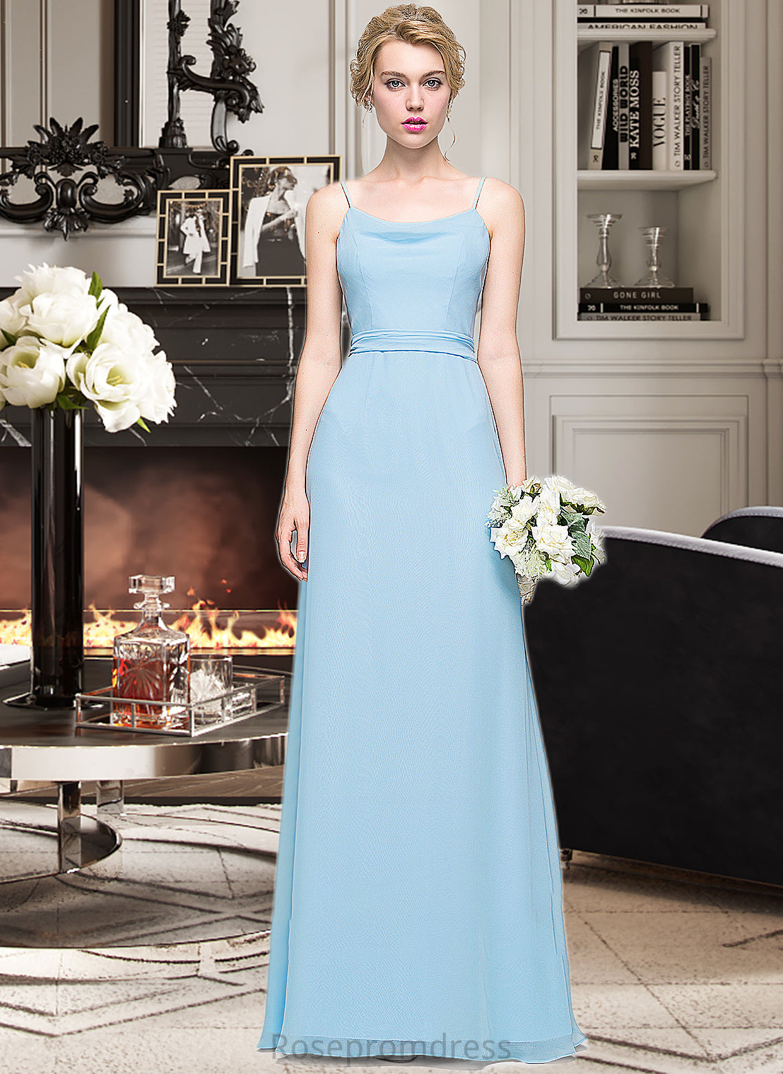Casey A-Line Cowl Neck Floor-Length Chiffon Bridesmaid Dress With Ruffle SRSP0012981