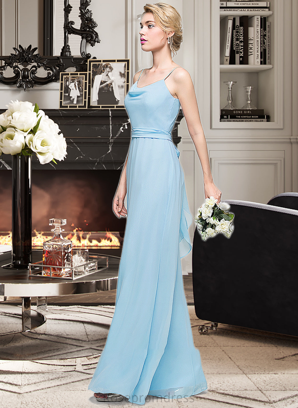 Casey A-Line Cowl Neck Floor-Length Chiffon Bridesmaid Dress With Ruffle SRSP0012981