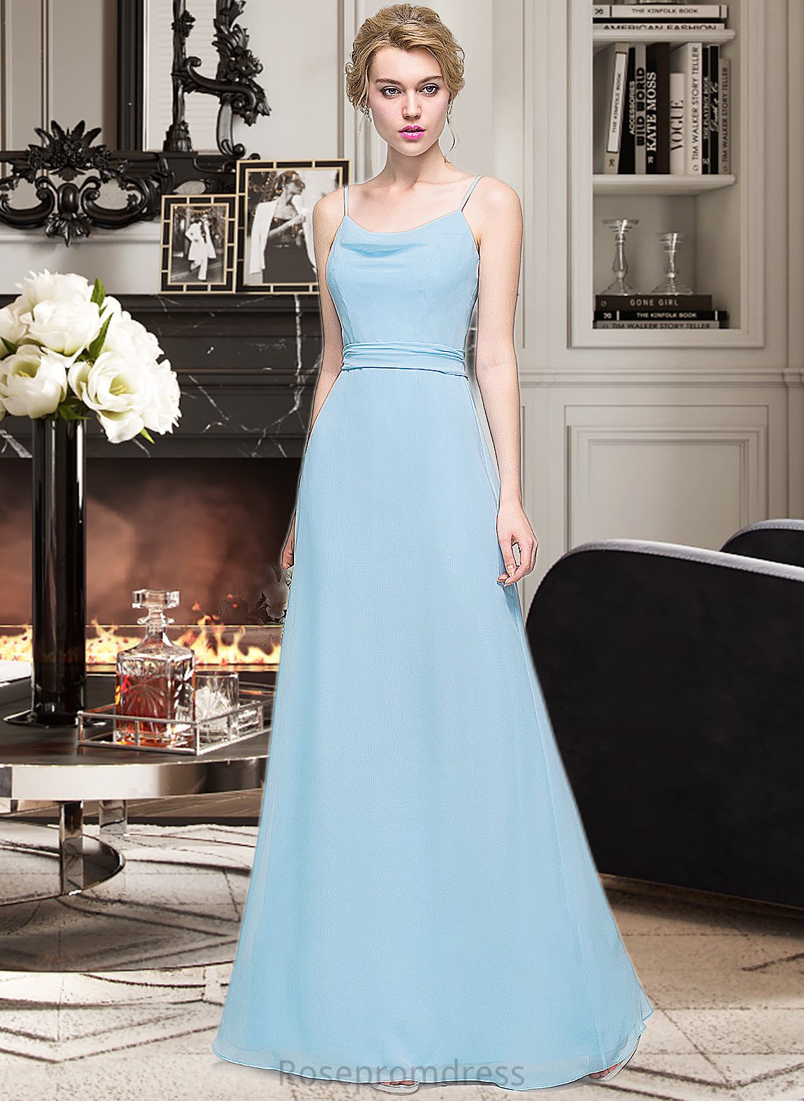 Casey A-Line Cowl Neck Floor-Length Chiffon Bridesmaid Dress With Ruffle SRSP0012981
