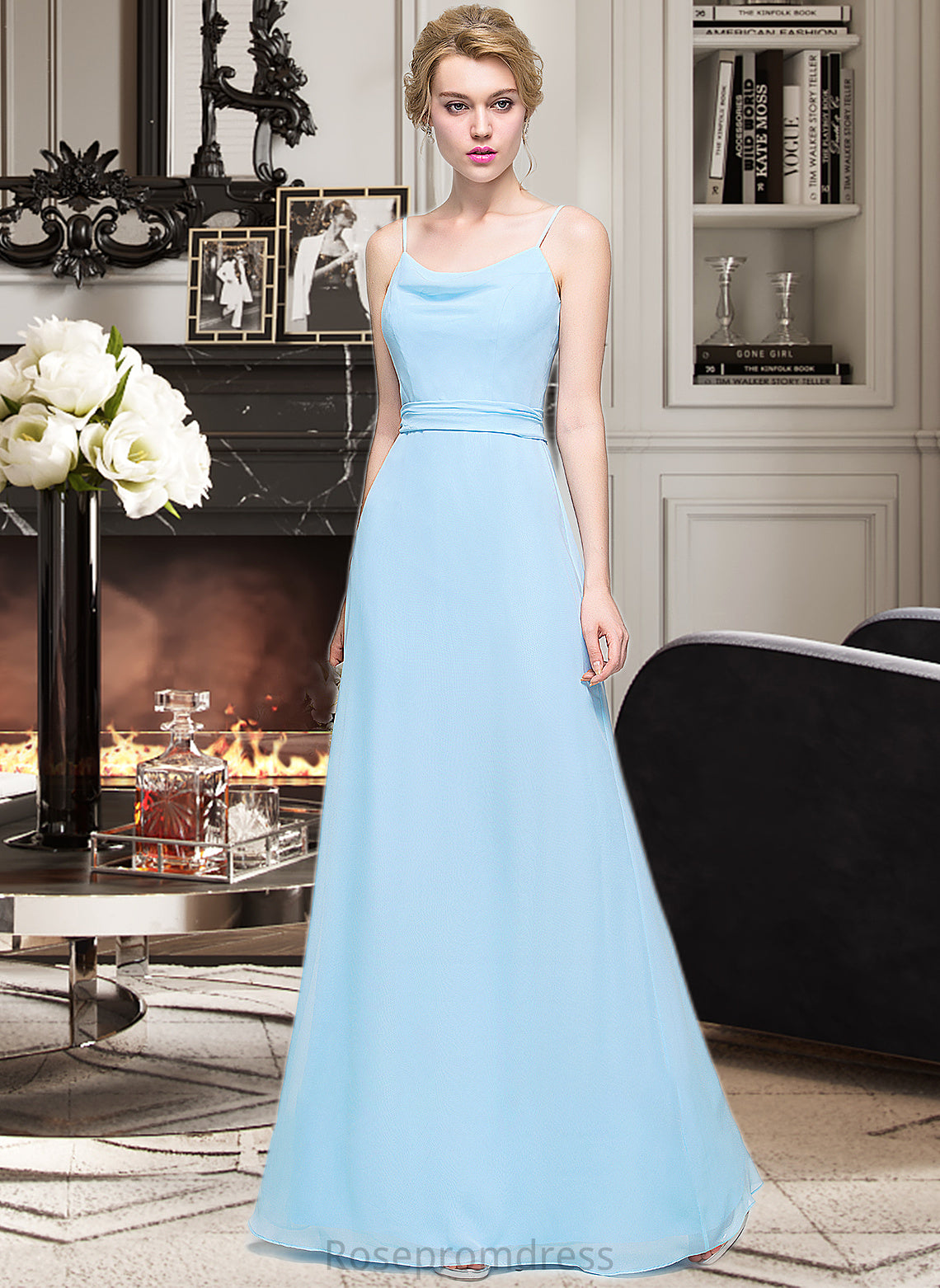 Casey A-Line Cowl Neck Floor-Length Chiffon Bridesmaid Dress With Ruffle SRSP0012981