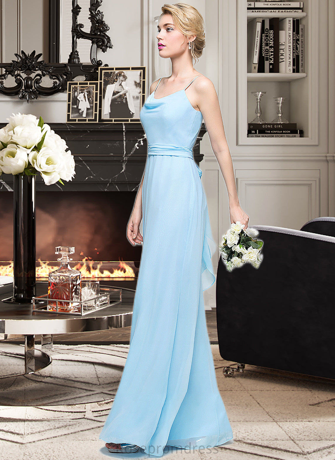 Casey A-Line Cowl Neck Floor-Length Chiffon Bridesmaid Dress With Ruffle SRSP0012981