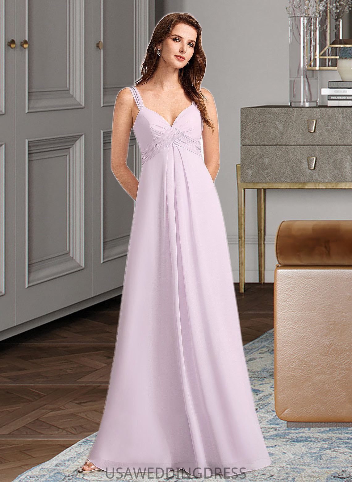Geraldine A-Line V-neck Floor-Length Bridesmaid Dress With Ruffle DSP0012982