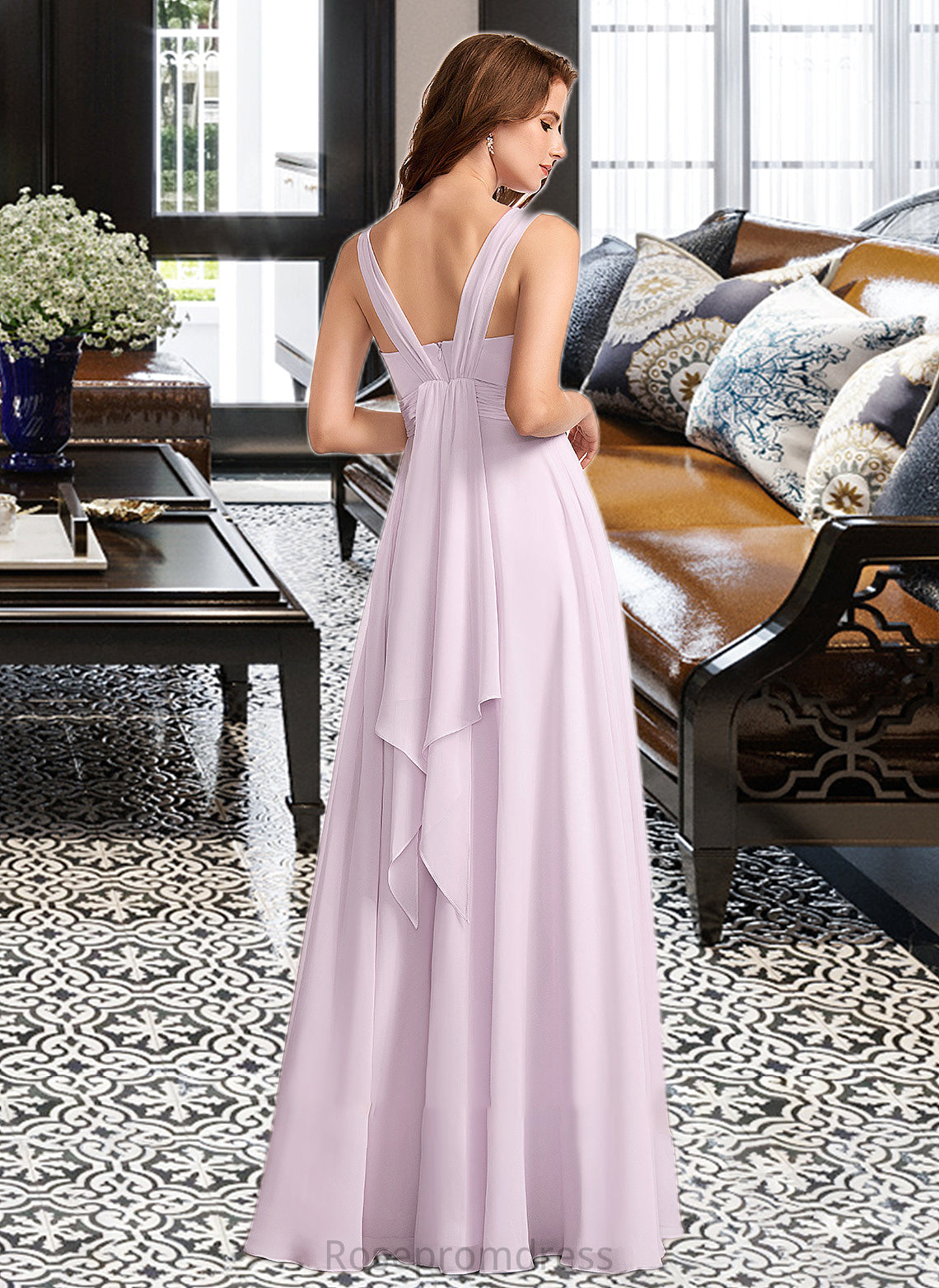 Maritza A-Line V-neck Floor-Length Bridesmaid Dress With Ruffle SRSP0012982