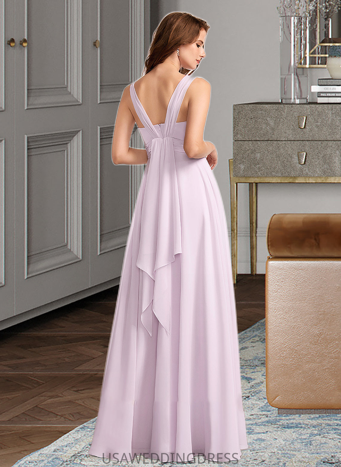 Geraldine A-Line V-neck Floor-Length Bridesmaid Dress With Ruffle DSP0012982