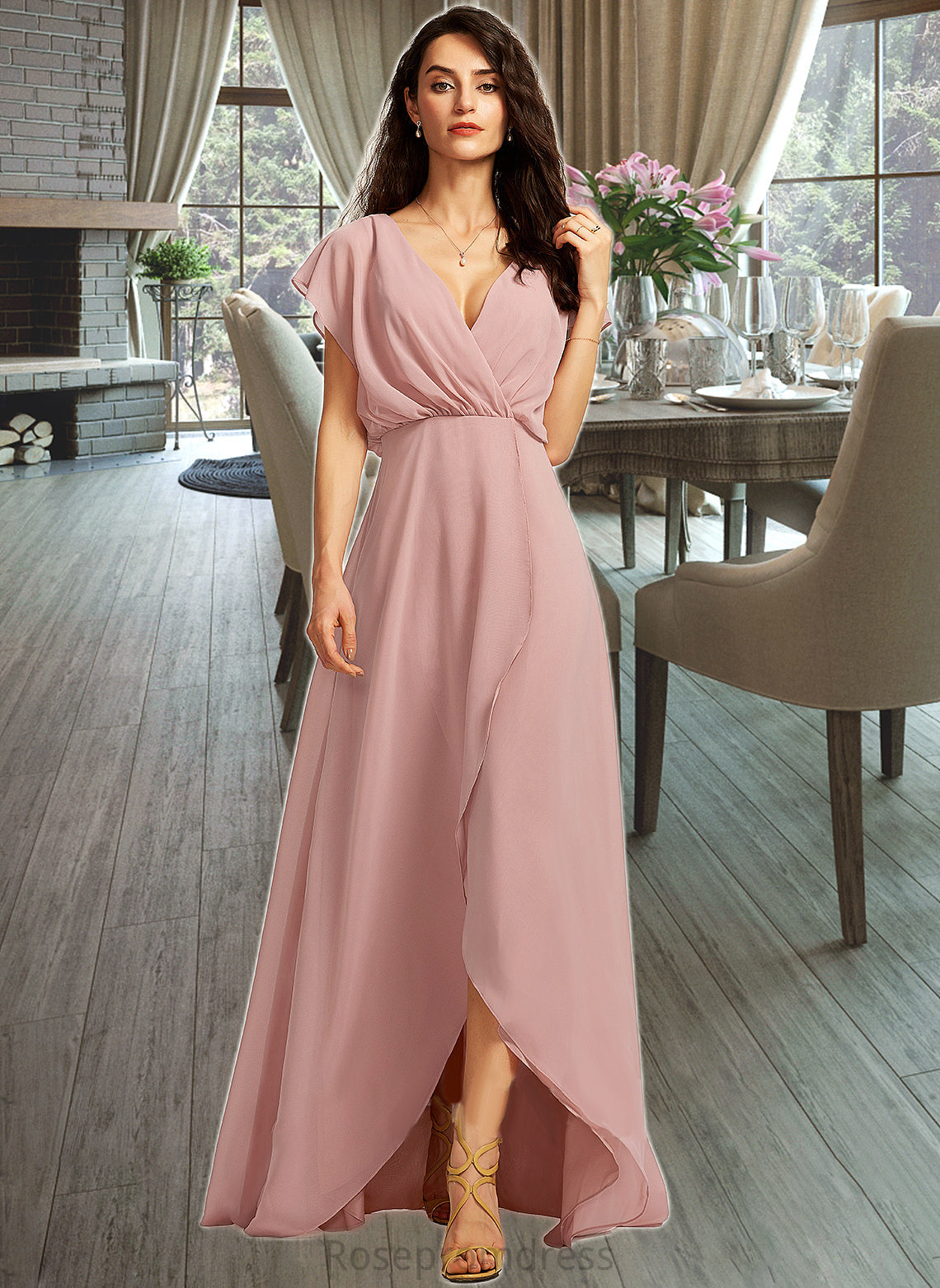 Kiersten A-Line V-neck Asymmetrical Bridesmaid Dress With Split Front SRSP0012983