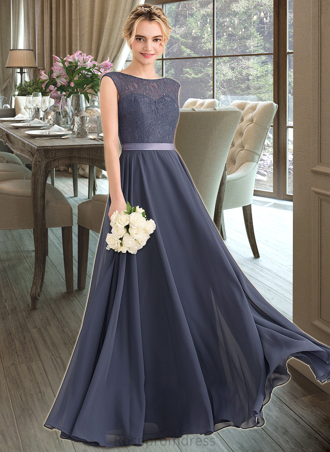Abbey A-Line Scoop Neck Floor-Length Chiffon Lace Bridesmaid Dress With Bow(s) SRSP0012984