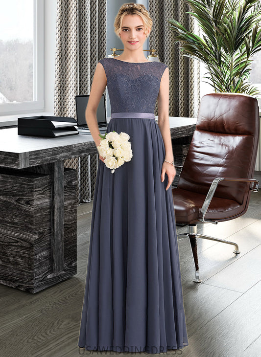 Regina A-Line Scoop Neck Floor-Length Chiffon Lace Bridesmaid Dress With Bow(s) DSP0012984