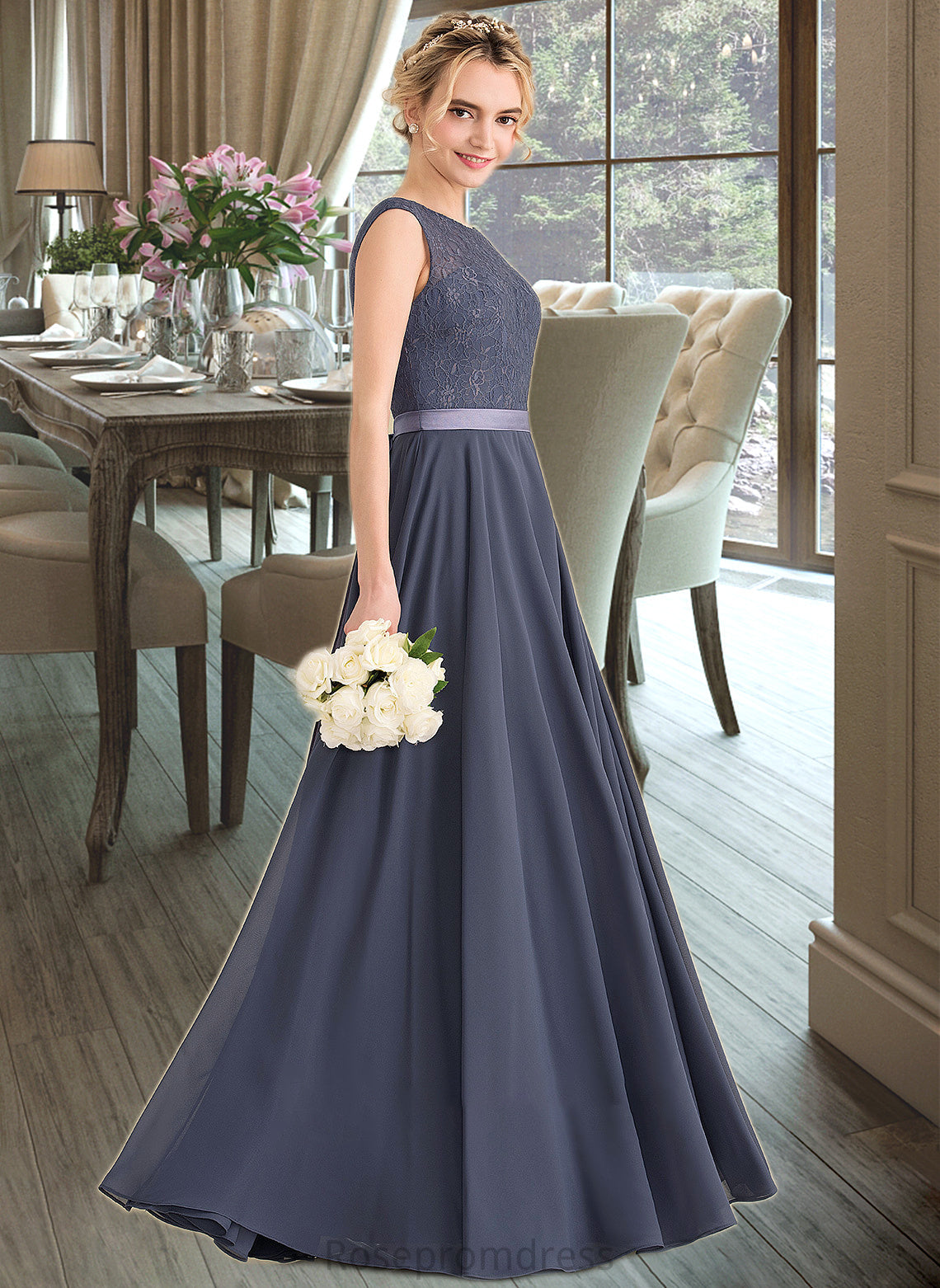 Abbey A-Line Scoop Neck Floor-Length Chiffon Lace Bridesmaid Dress With Bow(s) SRSP0012984