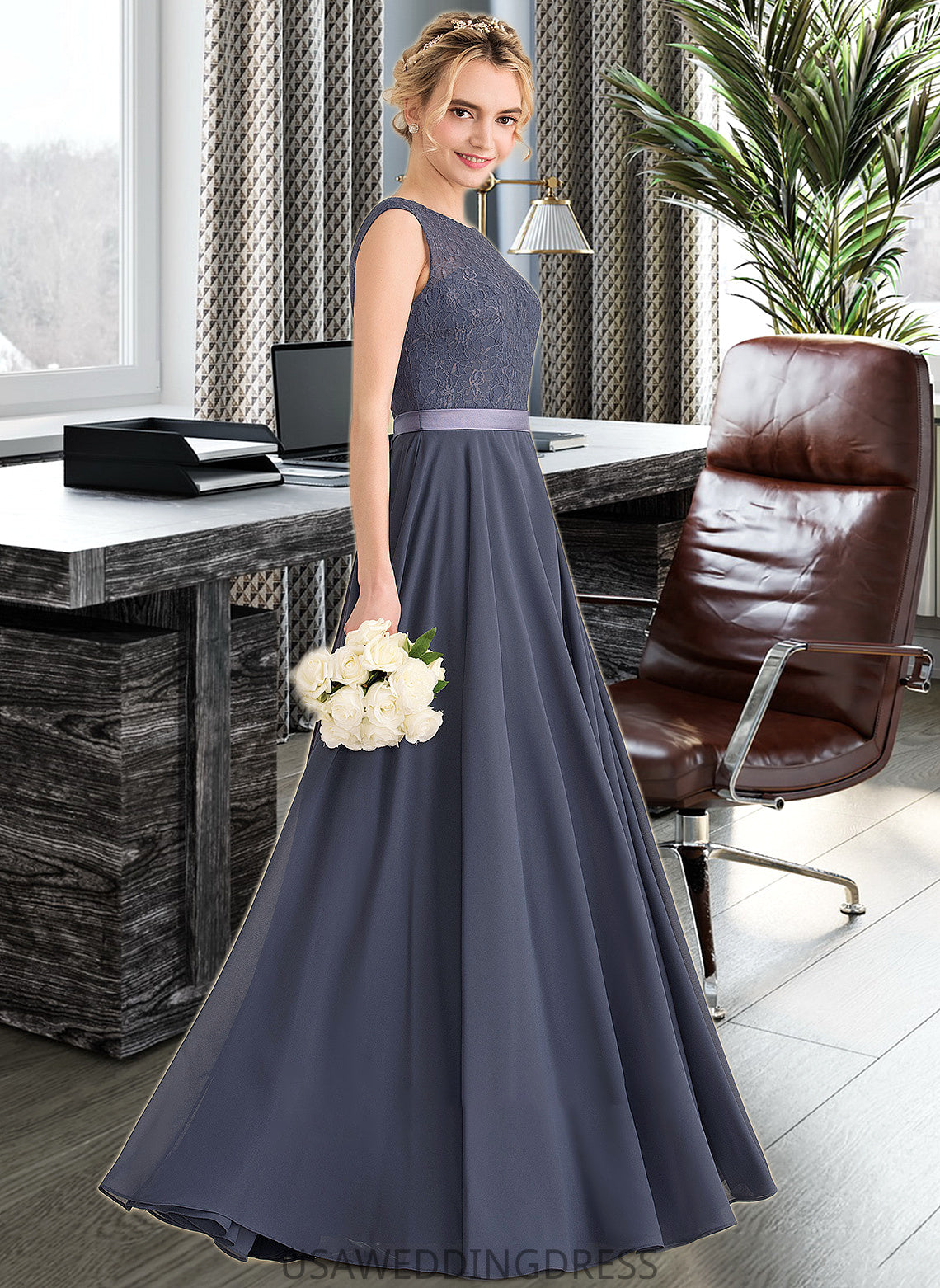 Regina A-Line Scoop Neck Floor-Length Chiffon Lace Bridesmaid Dress With Bow(s) DSP0012984