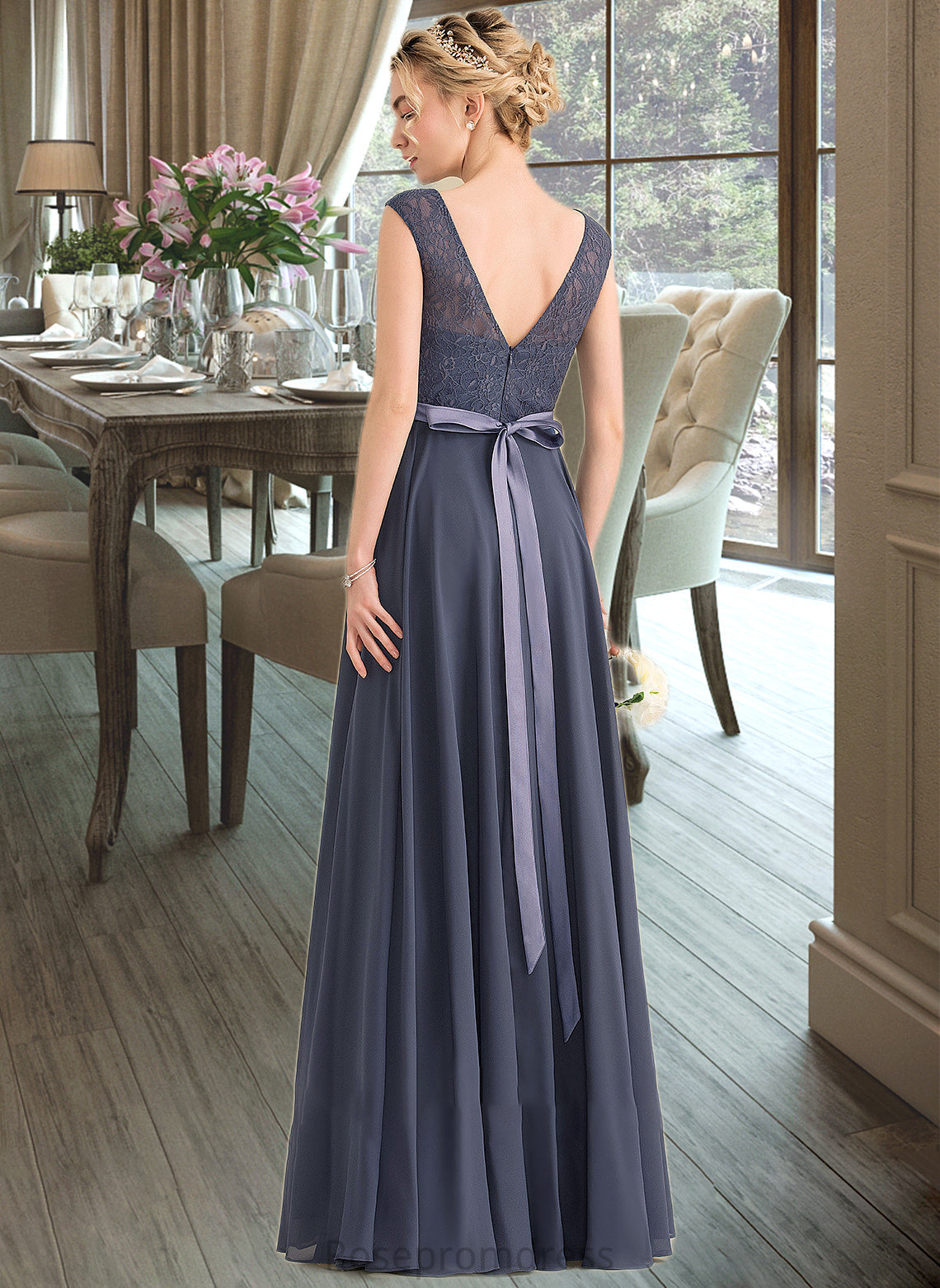 Abbey A-Line Scoop Neck Floor-Length Chiffon Lace Bridesmaid Dress With Bow(s) SRSP0012984