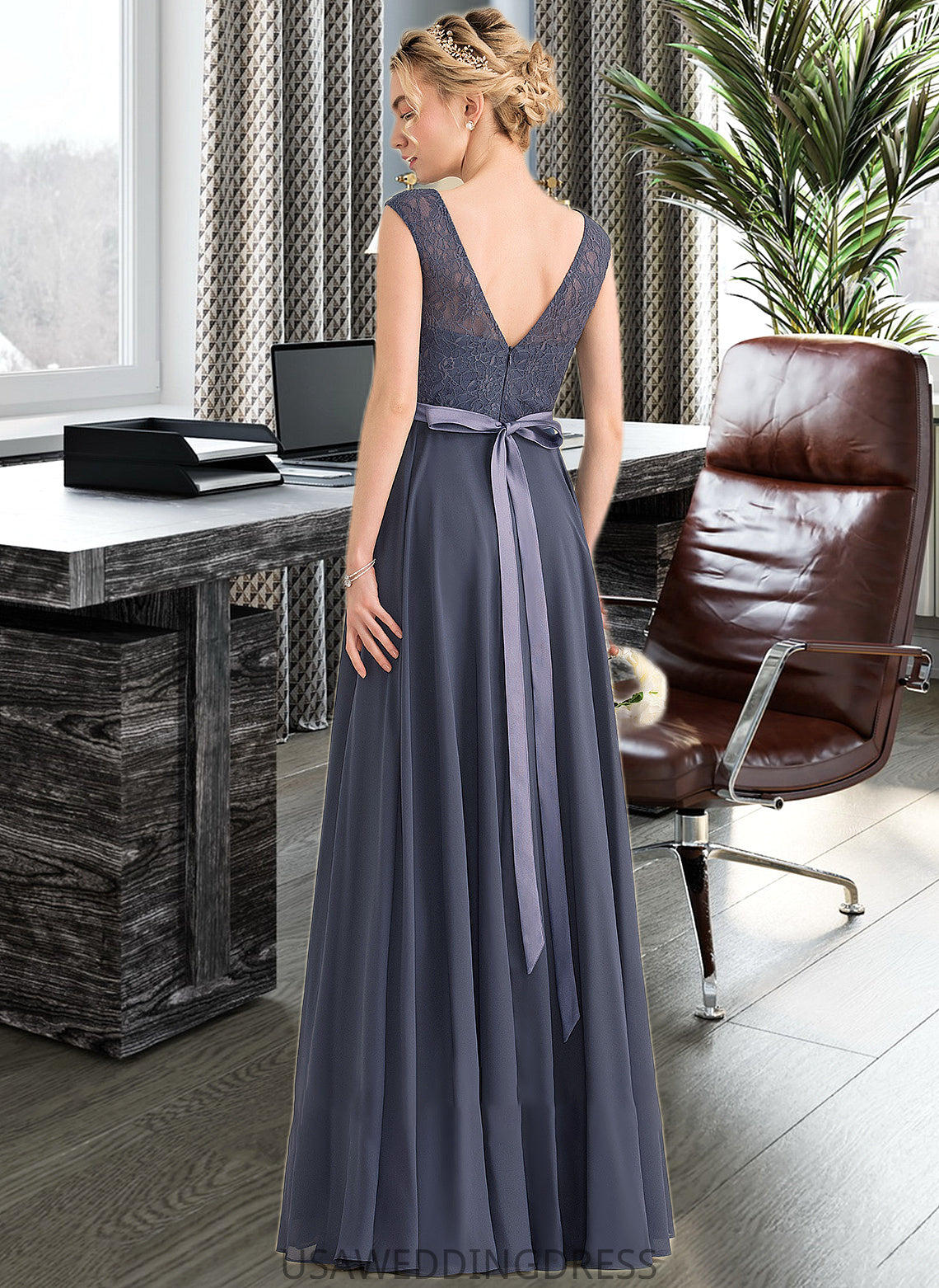Regina A-Line Scoop Neck Floor-Length Chiffon Lace Bridesmaid Dress With Bow(s) DSP0012984